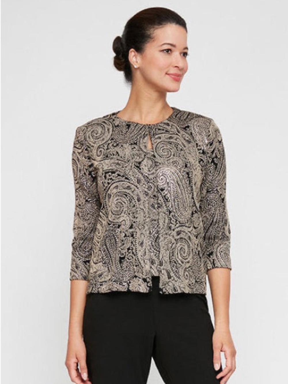 Alex Evenings Paisley Glitter Open Front Jacket Sz L Wedding Cocktail Party